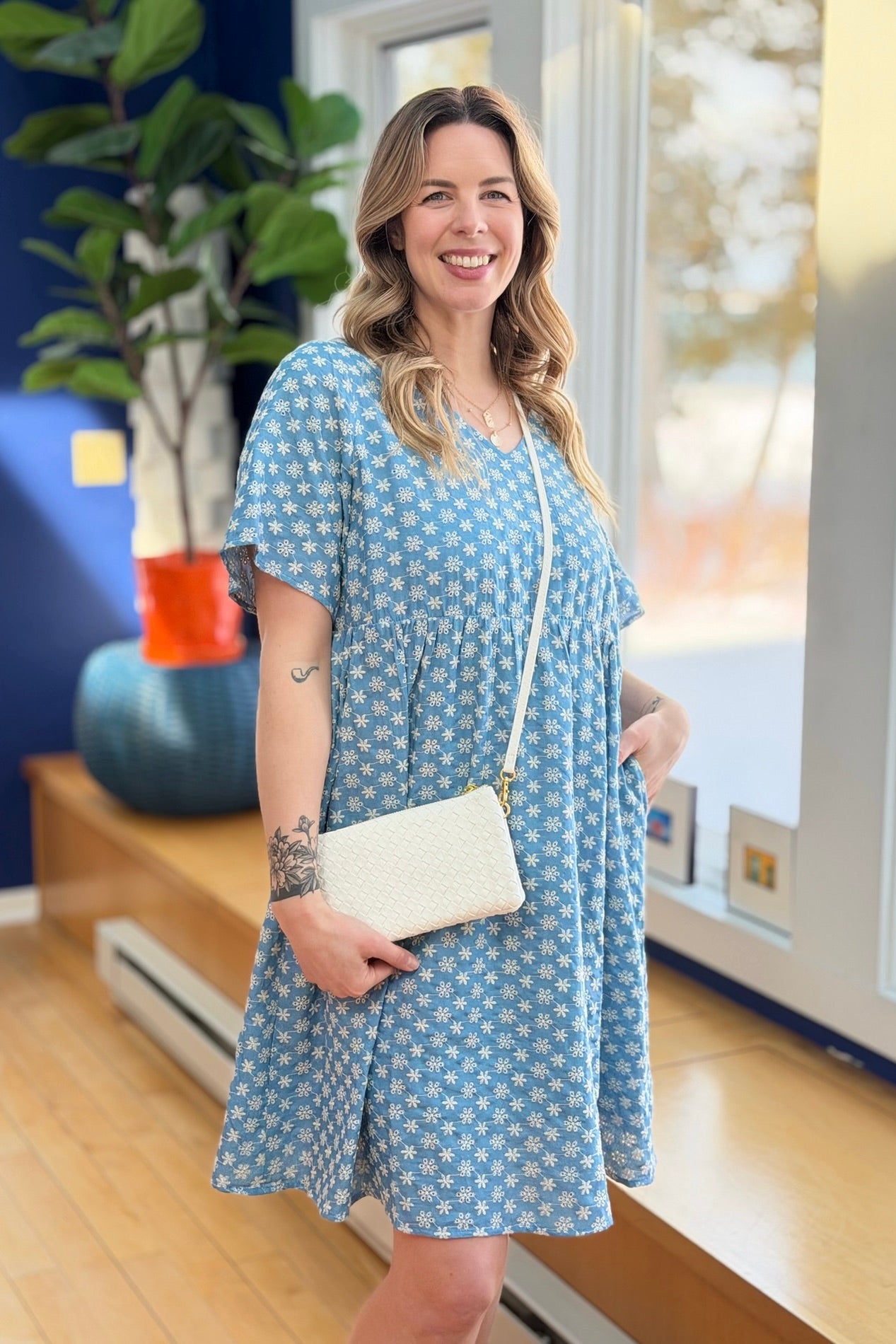 Chambray Eyelet V Neck Dress