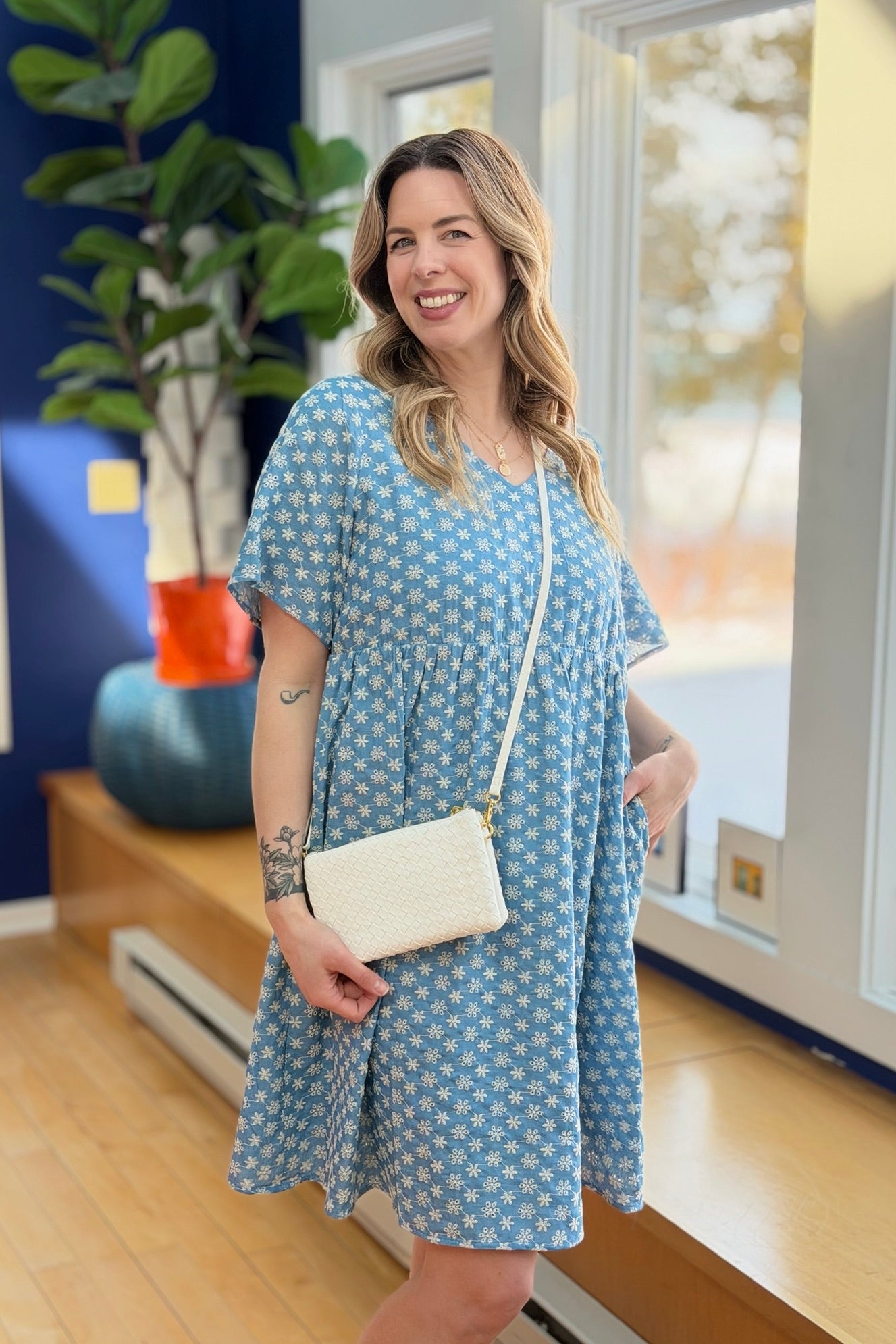 Chambray Eyelet V Neck Dress
