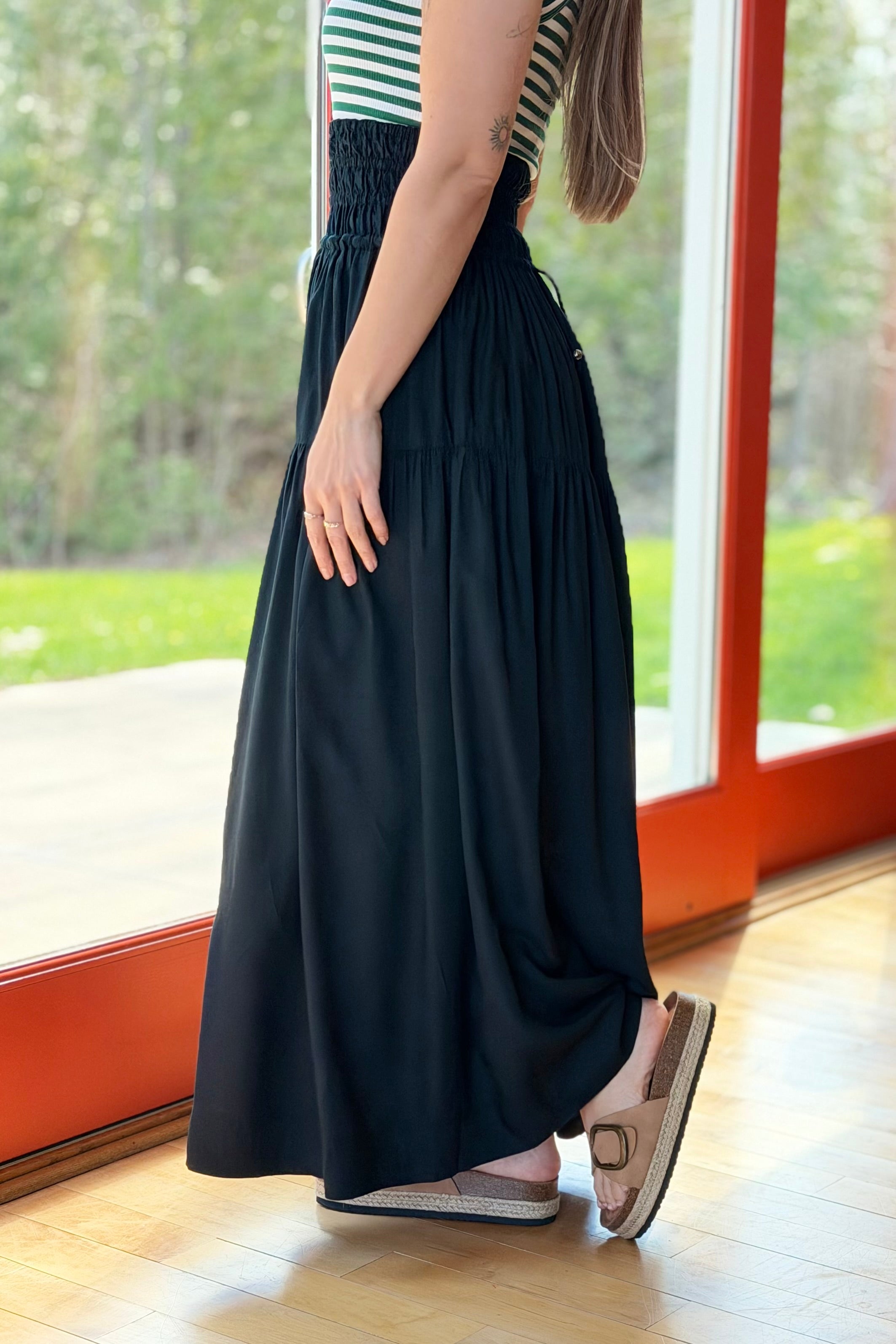 Cinched Waist Maxi Skirt - Black