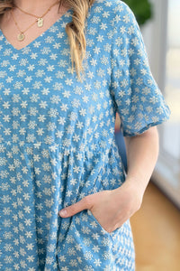 Chambray Eyelet V Neck Dress