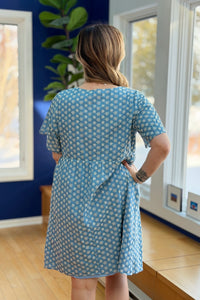 Chambray Eyelet V Neck Dress