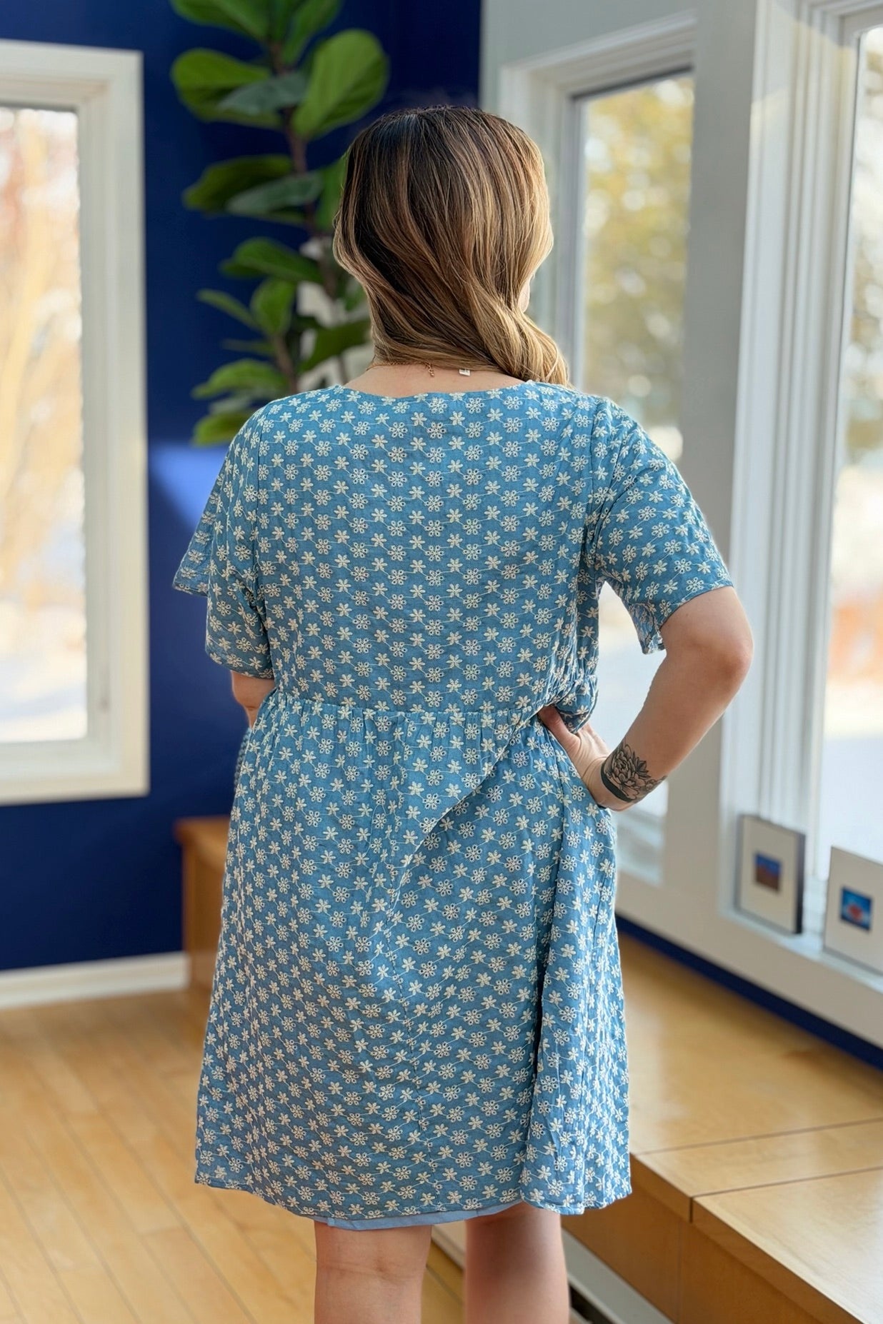 Chambray Eyelet V Neck Dress