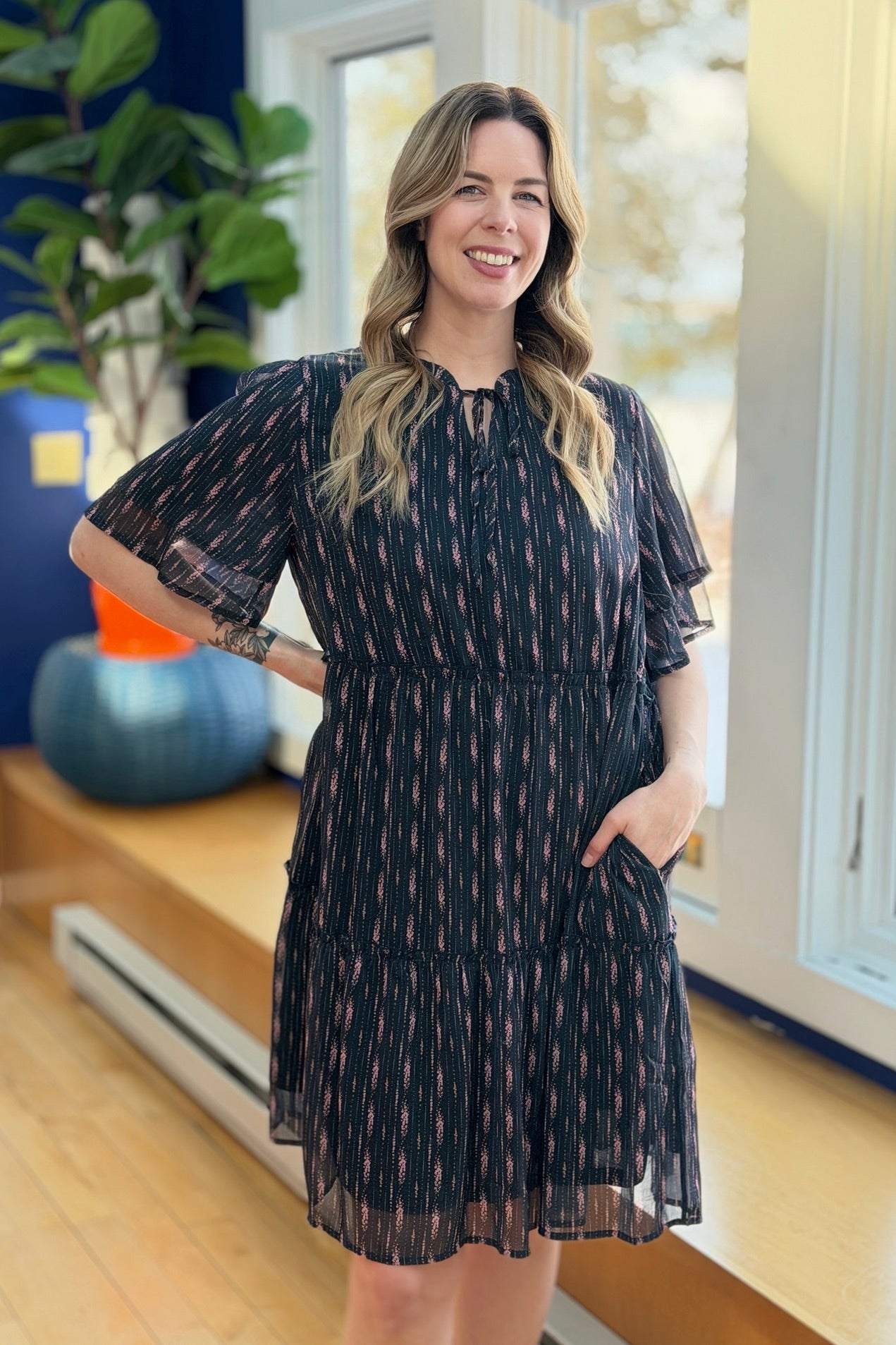 Floral Double Sleeve Mini Dress - Black