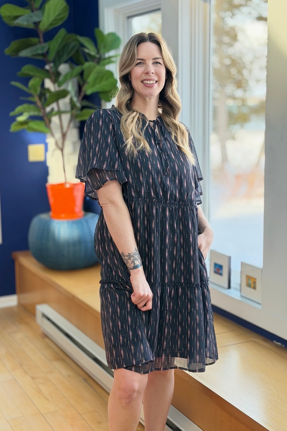 Floral Double Sleeve Mini Dress - Black