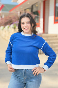Contrast Piping Ribbed Long Sleeve Top - Royal Blue