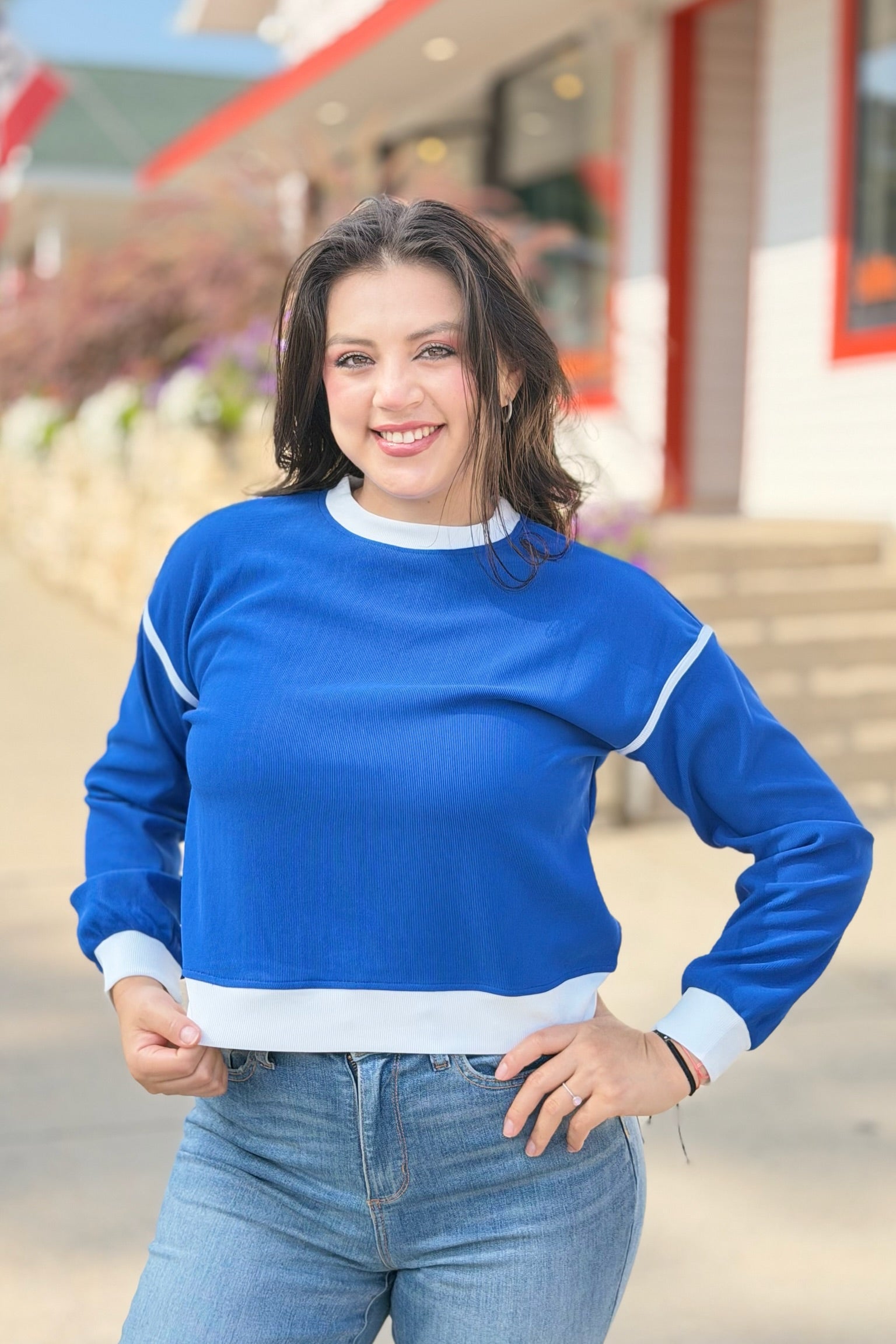 Contrast Piping Ribbed Long Sleeve Top - Royal Blue