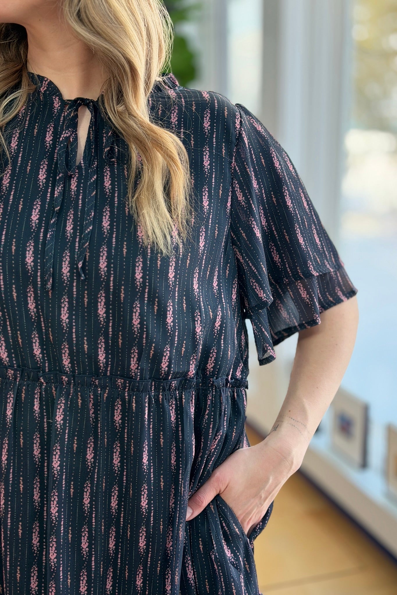 Floral Double Sleeve Mini Dress - Black