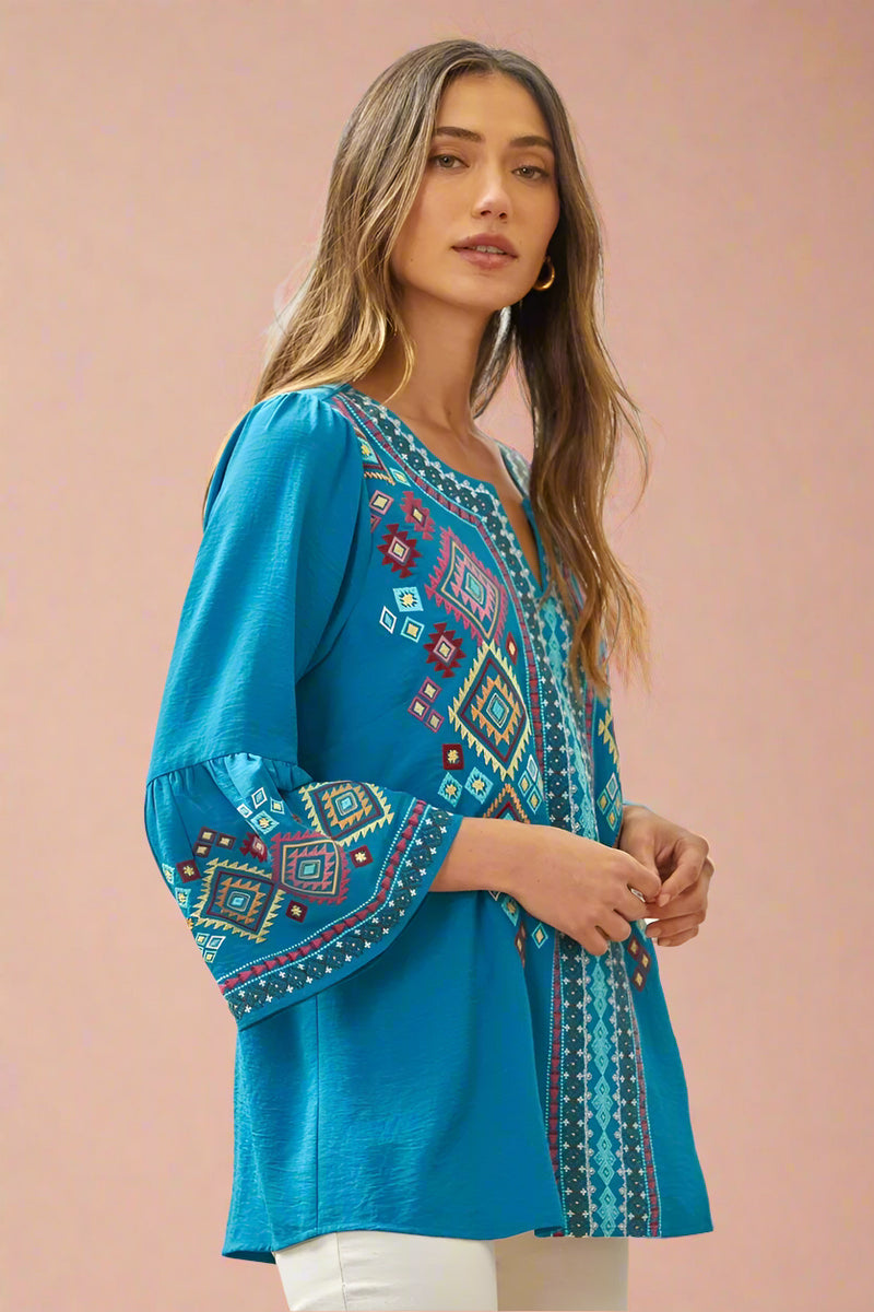 Solid Bell Embroidered Top Teal