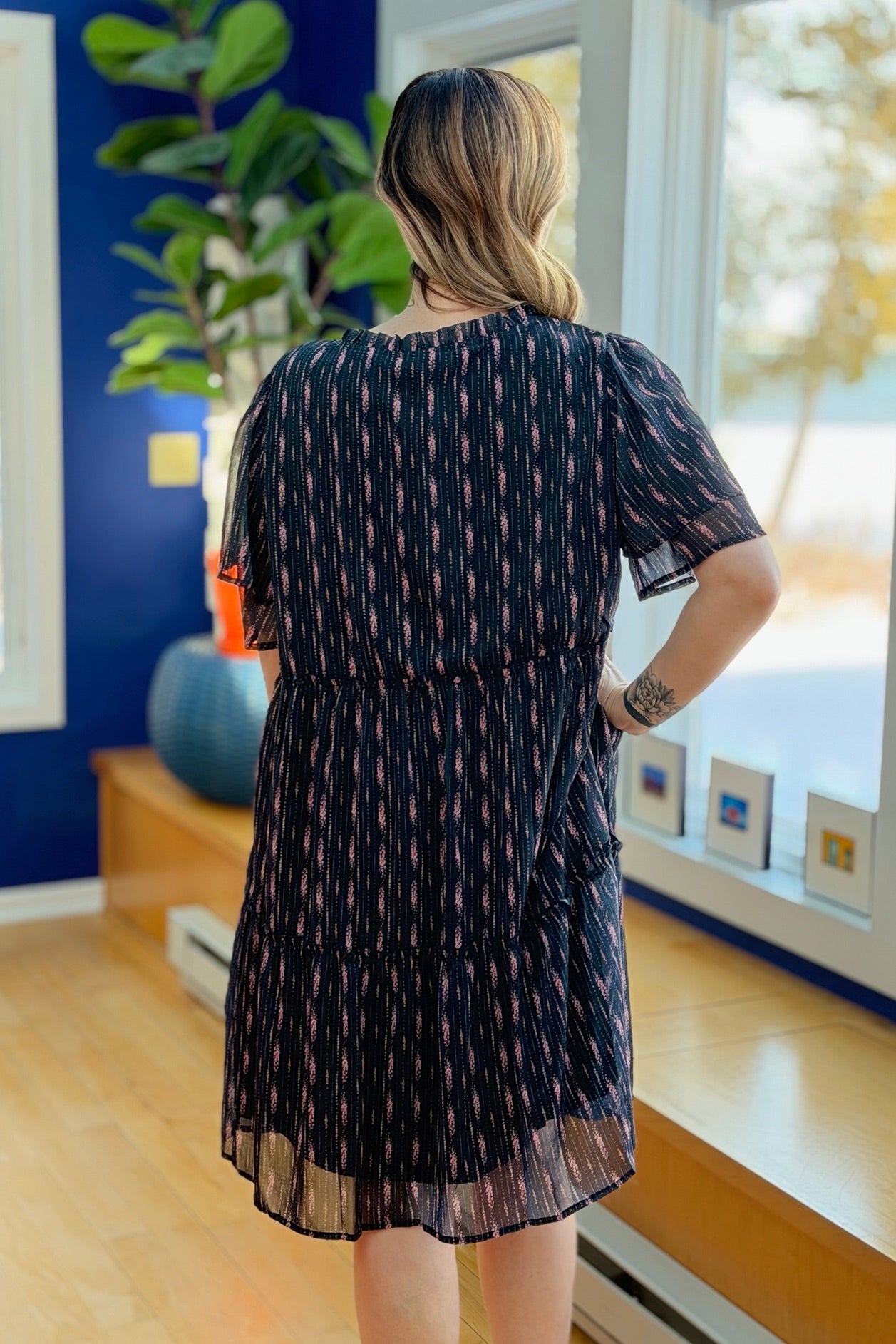 Floral Double Sleeve Mini Dress - Black