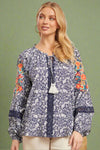 Flower Sleeve Embroidered Top Navy