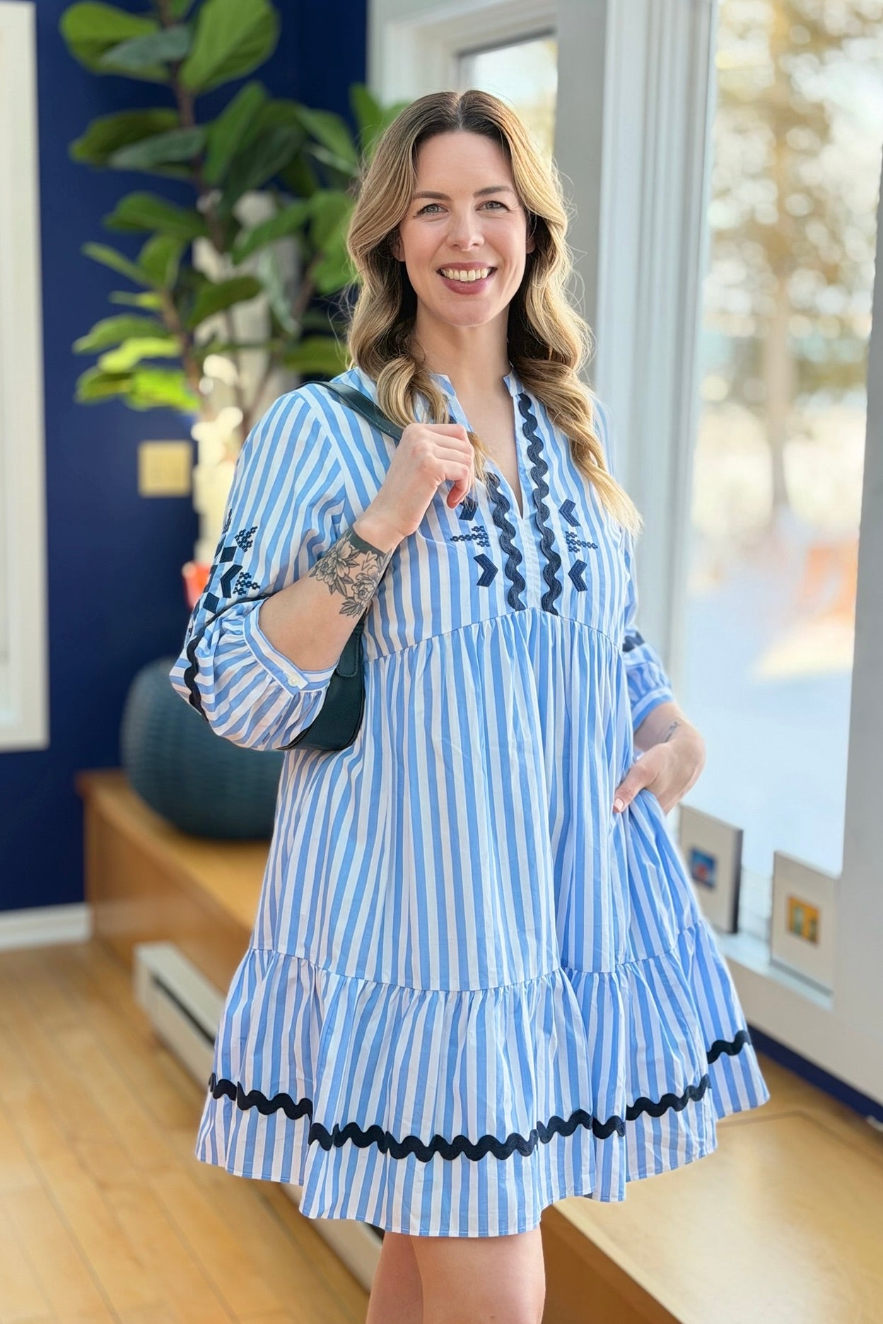 Striped Embroidered Ric-Rac Dress