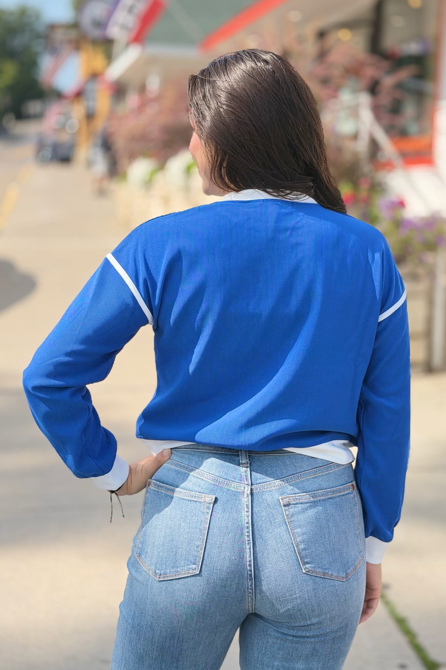 Contrast Piping Ribbed Long Sleeve Top - Royal Blue