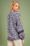 Flower Sleeve Embroidered Top Navy