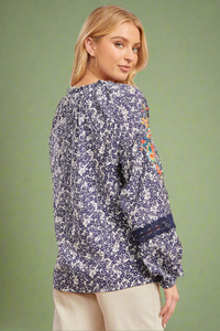 Flower Sleeve Embroidered Top Navy
