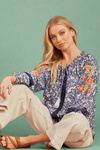 Flower Sleeve Embroidered Top Navy