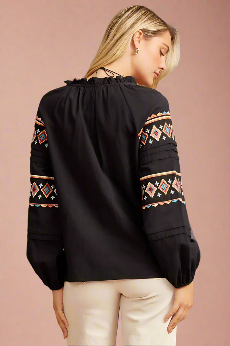 Diamond Sleeve Embroidered Top Black