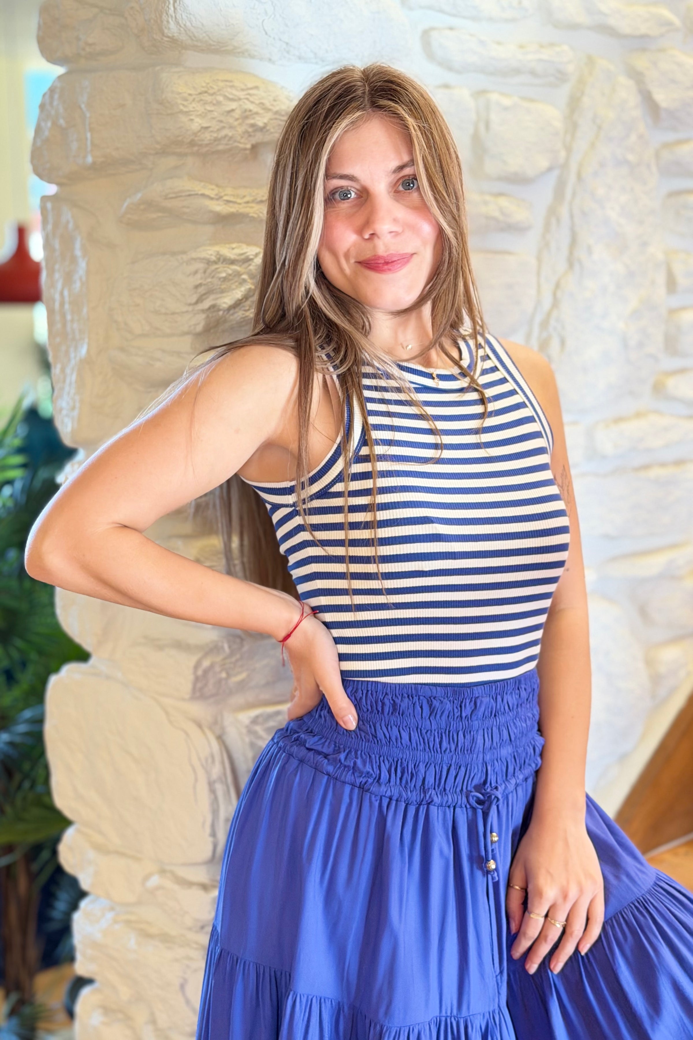 Striped Ribbed Racerback Tank - Blue