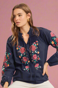 Smocked Yoke Embroidered Top Blue