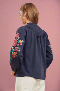 Smocked Yoke Embroidered Top Blue