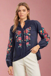 Smocked Yoke Embroidered Top Blue