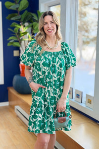 Printed Square Neck Mini Dress - Green