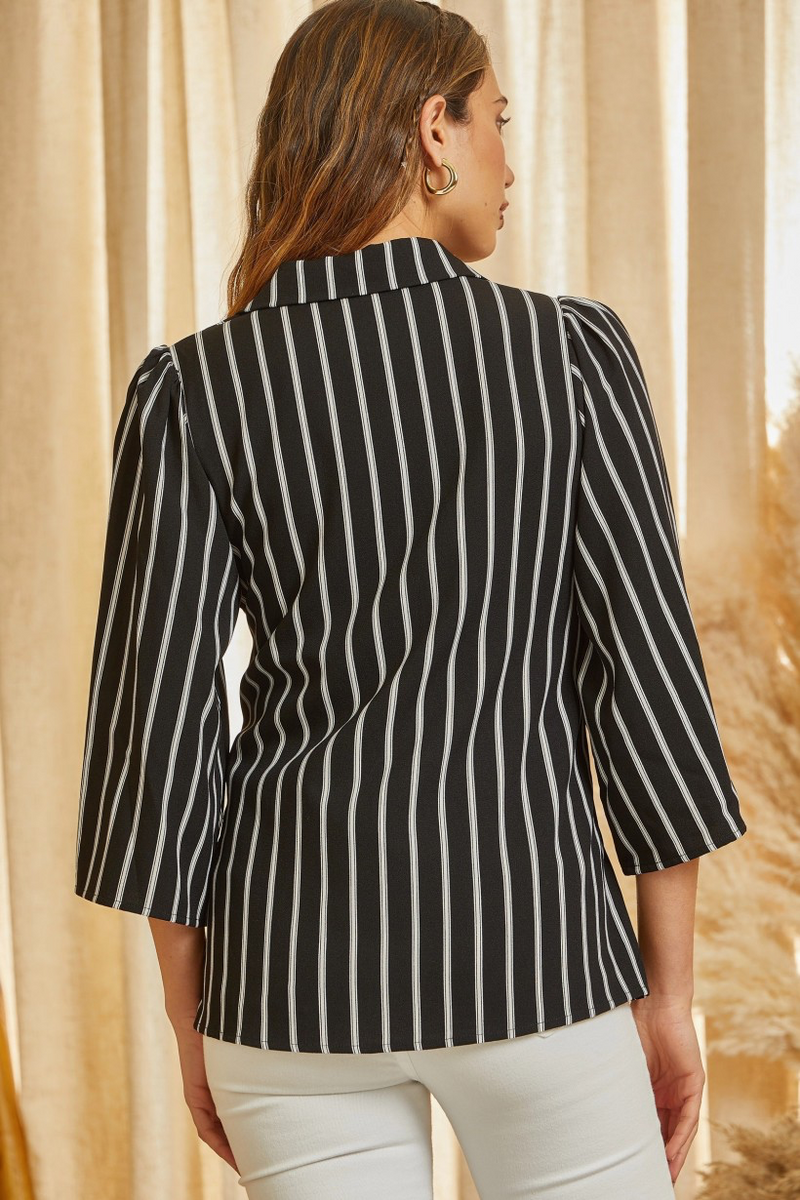 Front Tie Stripe Top Black