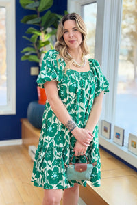 Printed Square Neck Mini Dress - Green