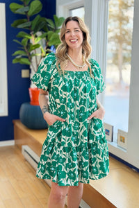 Printed Square Neck Mini Dress - Green