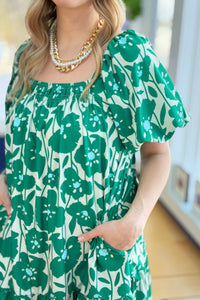 Printed Square Neck Mini Dress - Green