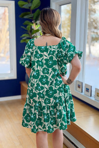 Printed Square Neck Mini Dress - Green