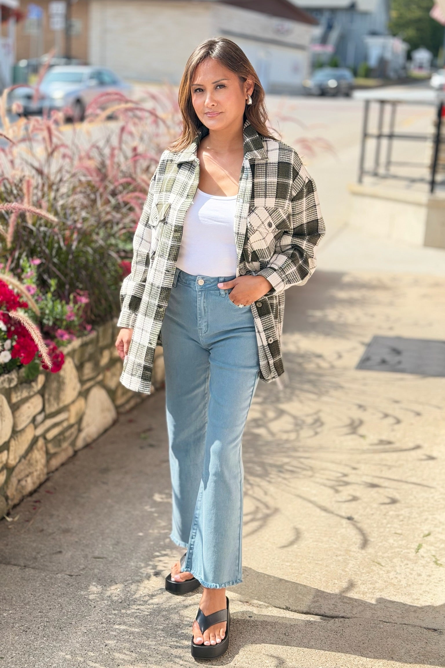 Long Sleeve Plaid Shacket - Olive