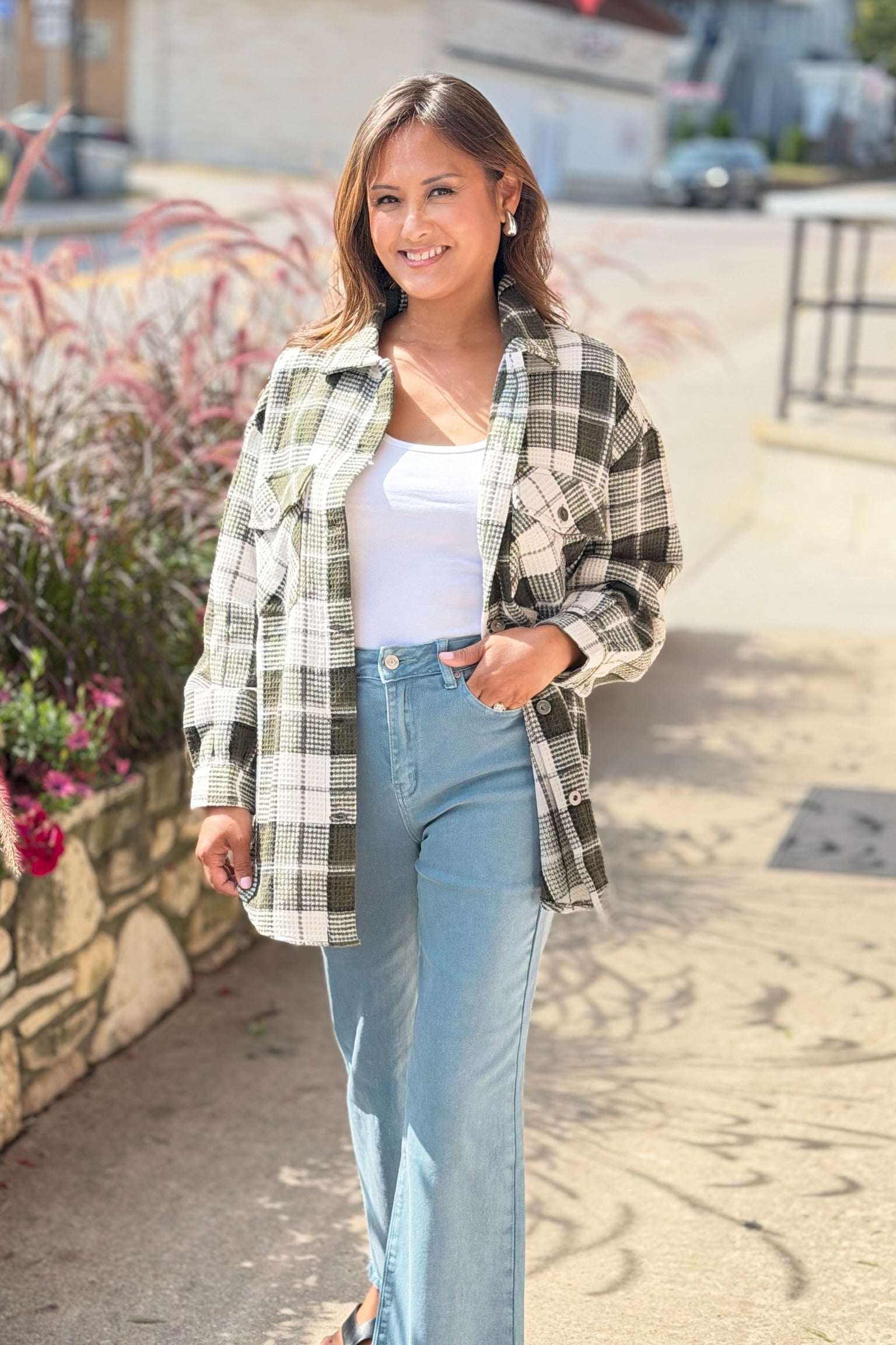 Long Sleeve Plaid Shacket - Olive