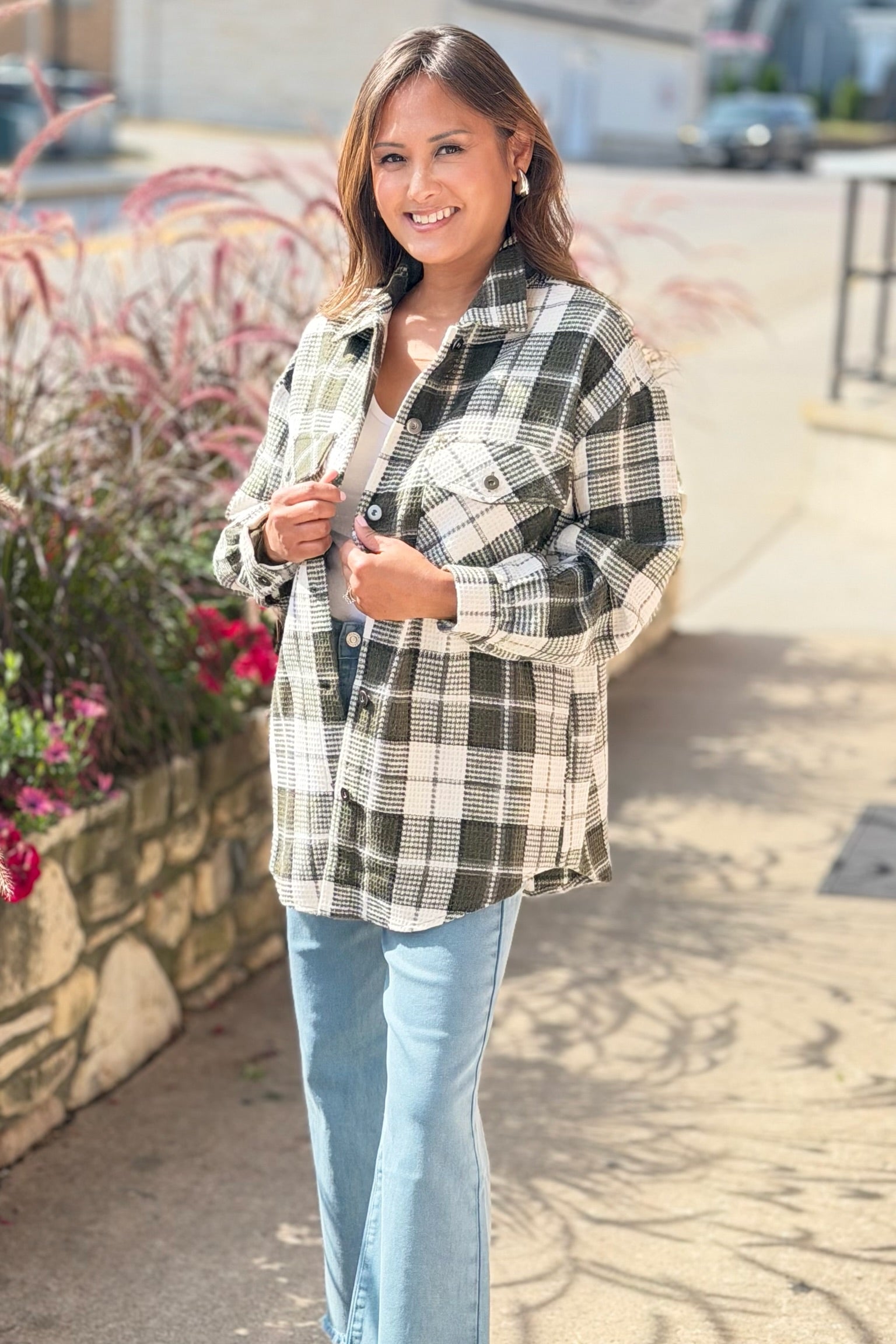 Long Sleeve Plaid Shacket - Olive