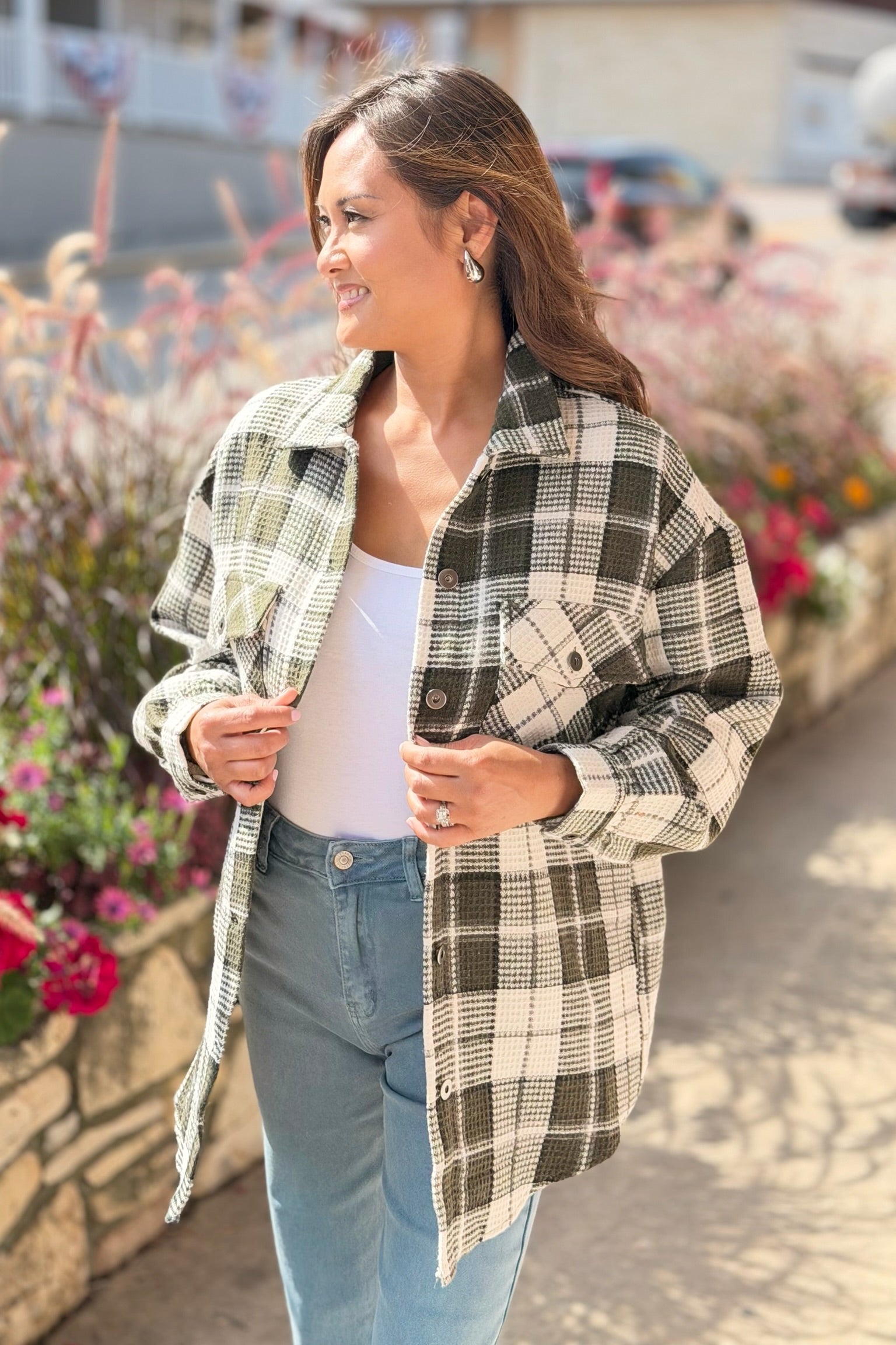 Long Sleeve Plaid Shacket - Olive