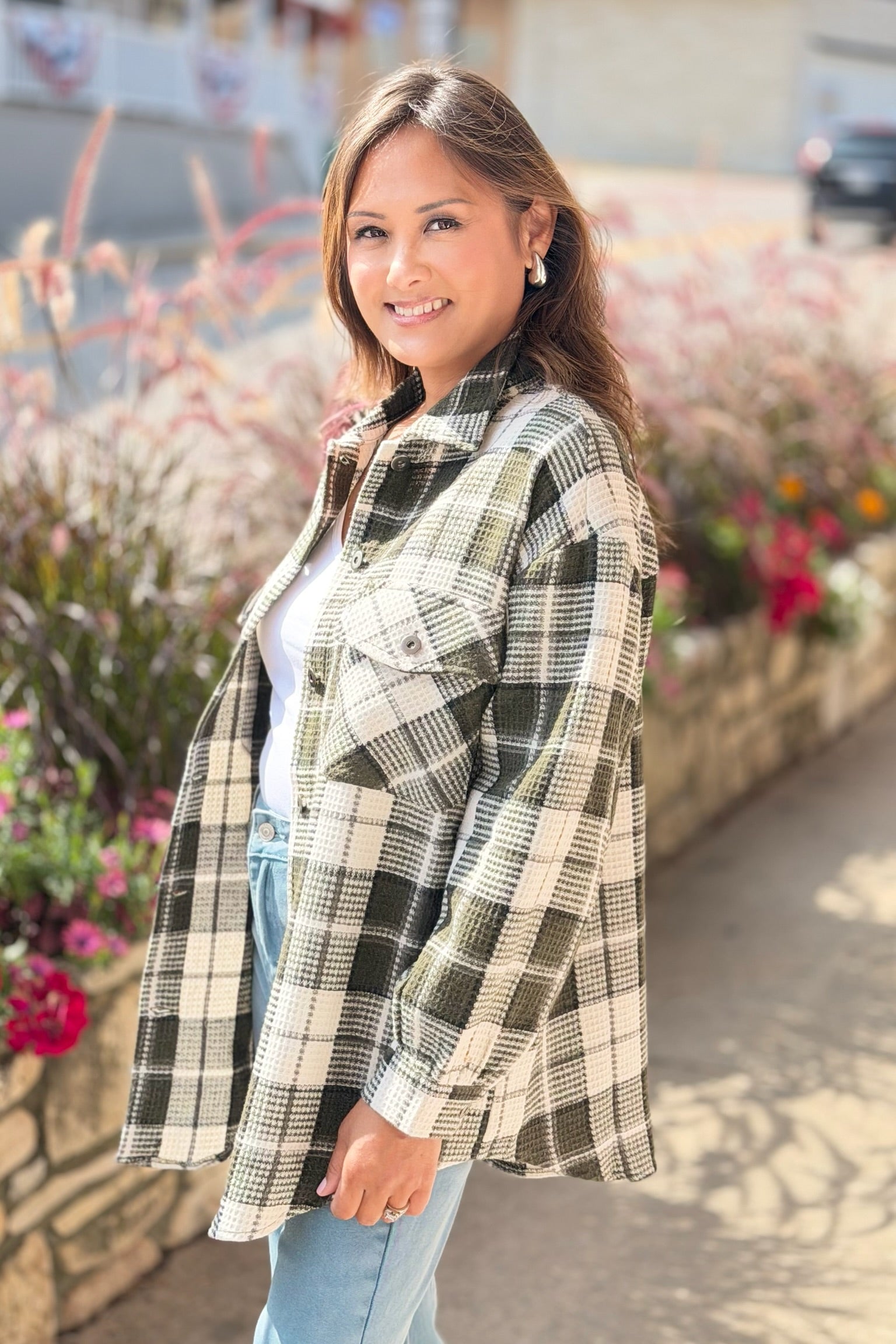 Long Sleeve Plaid Shacket - Olive