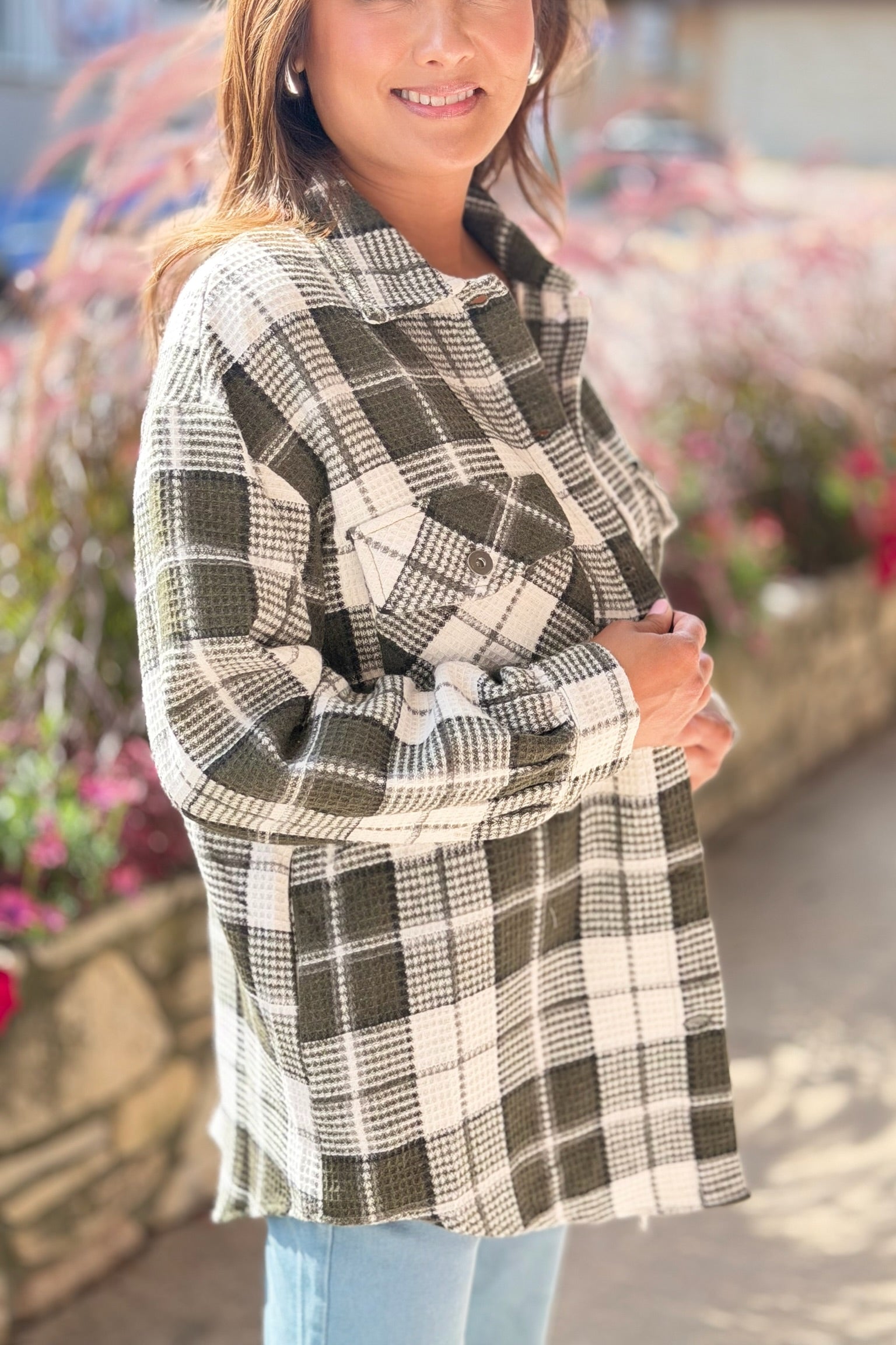 Long Sleeve Plaid Shacket - Olive