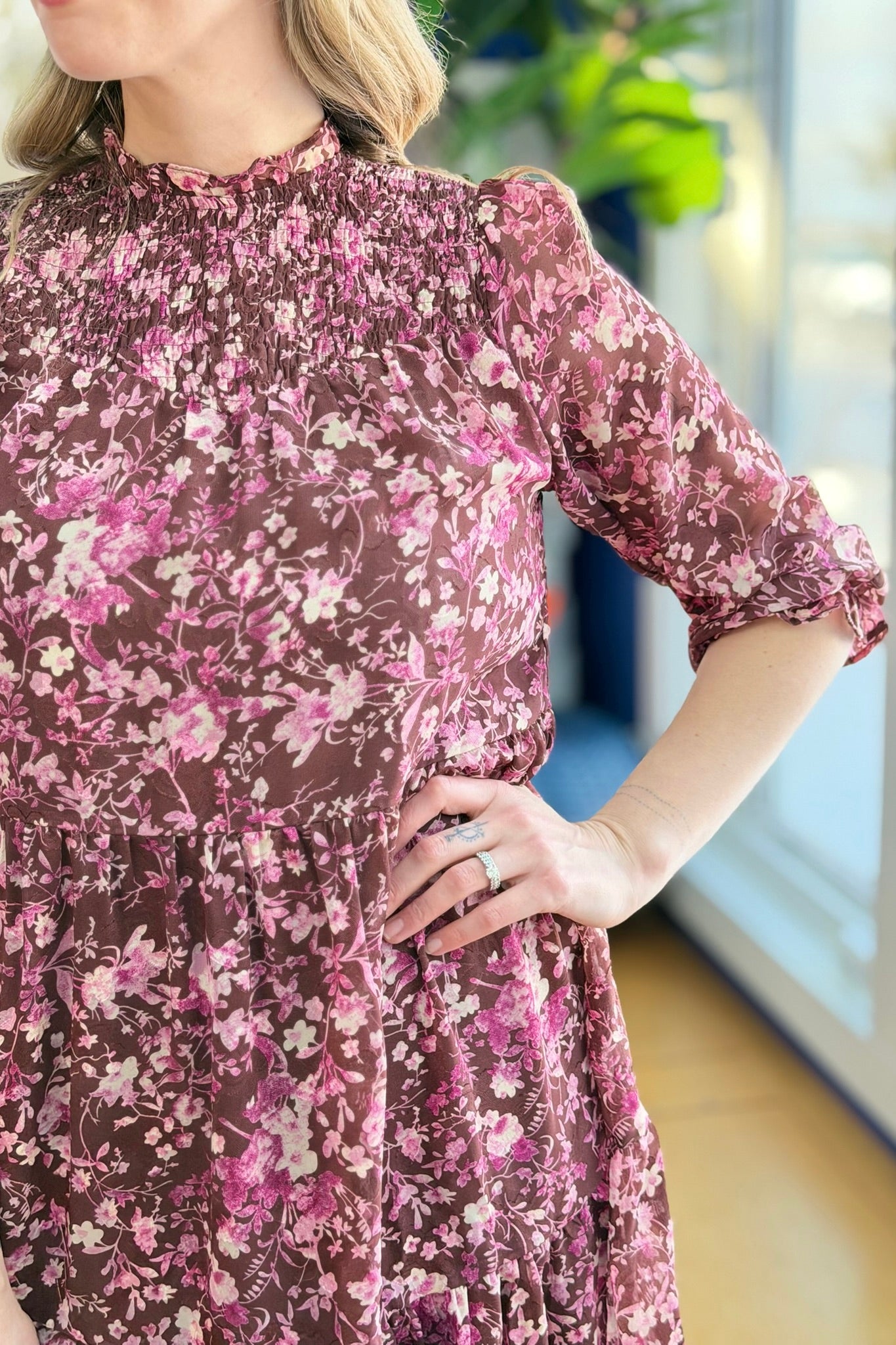 Smocked Yoke Tiered Dress - Brown