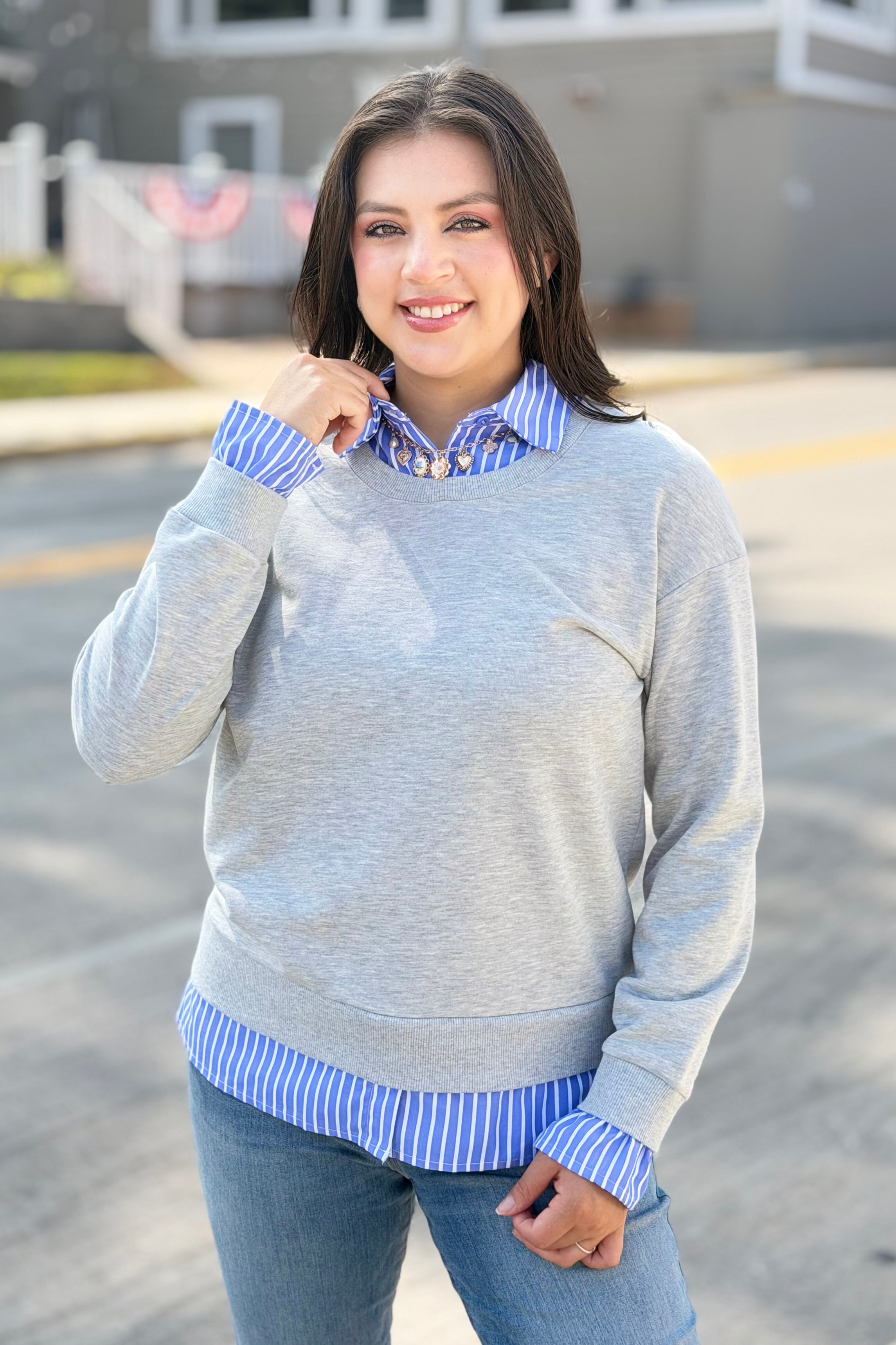 Striped Collar Shift Sweatershirt
