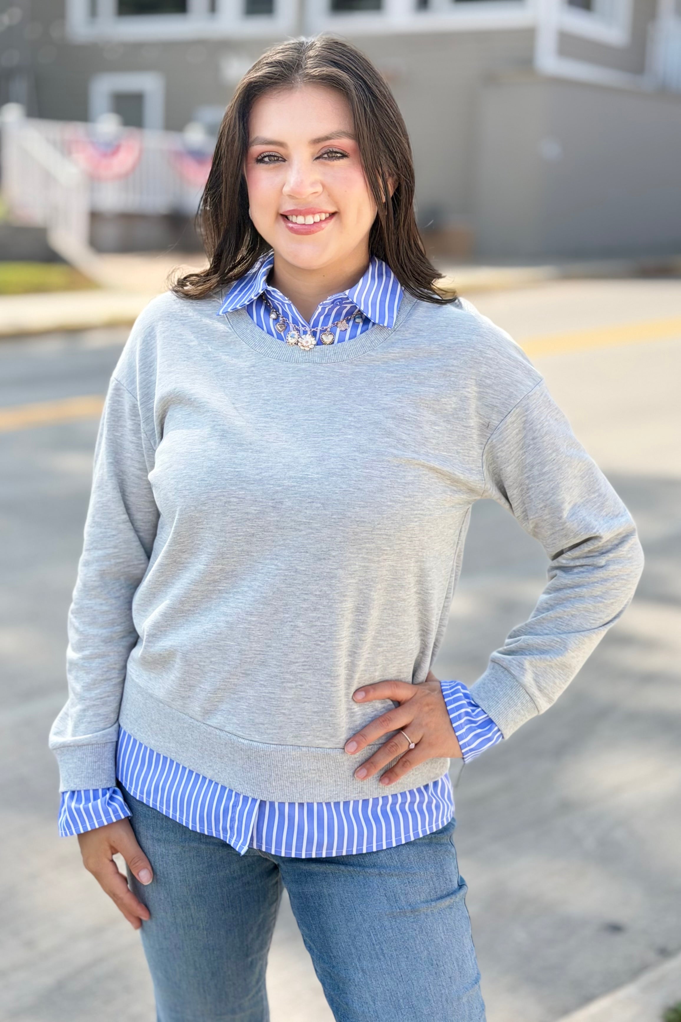 Striped Collar Shift Sweatershirt