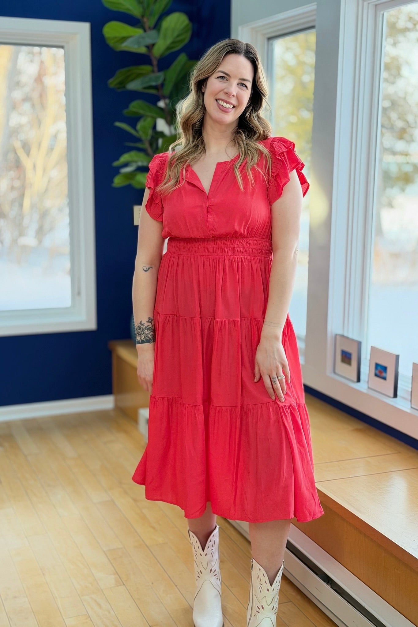 Midi Dress Smocked Waistband - Red