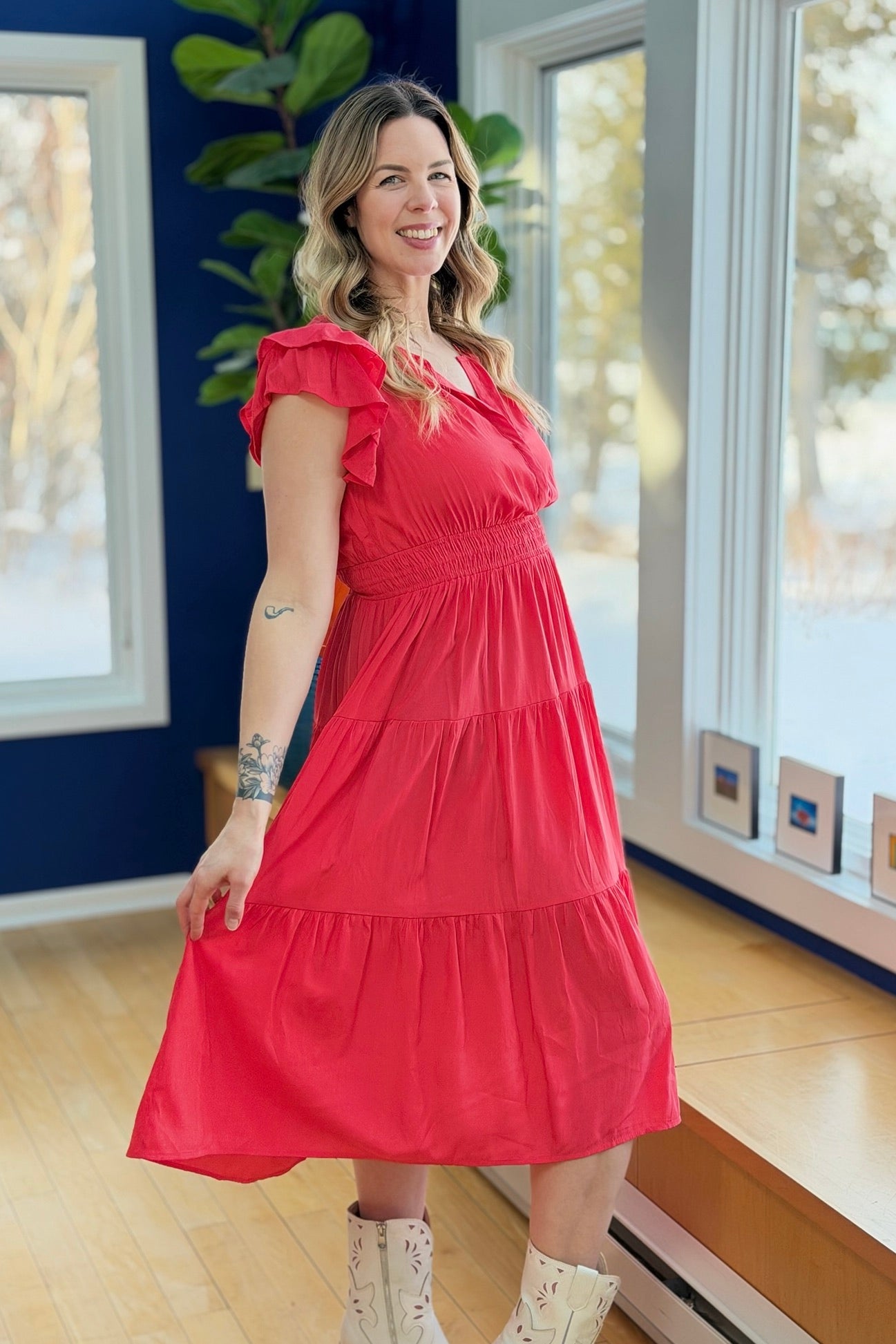 Midi Dress Smocked Waistband - Red