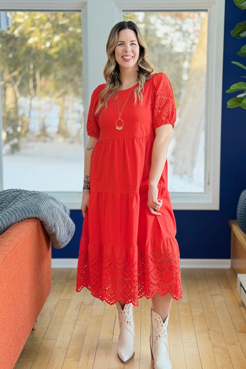 Tiered Eyelet Midi Dress with Puff Sleeves