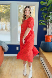 Tiered Eyelet Midi Dress with Puff Sleeves - Orange