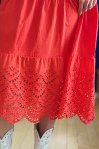 Tiered Eyelet Midi Dress with Puff Sleeves - Orange