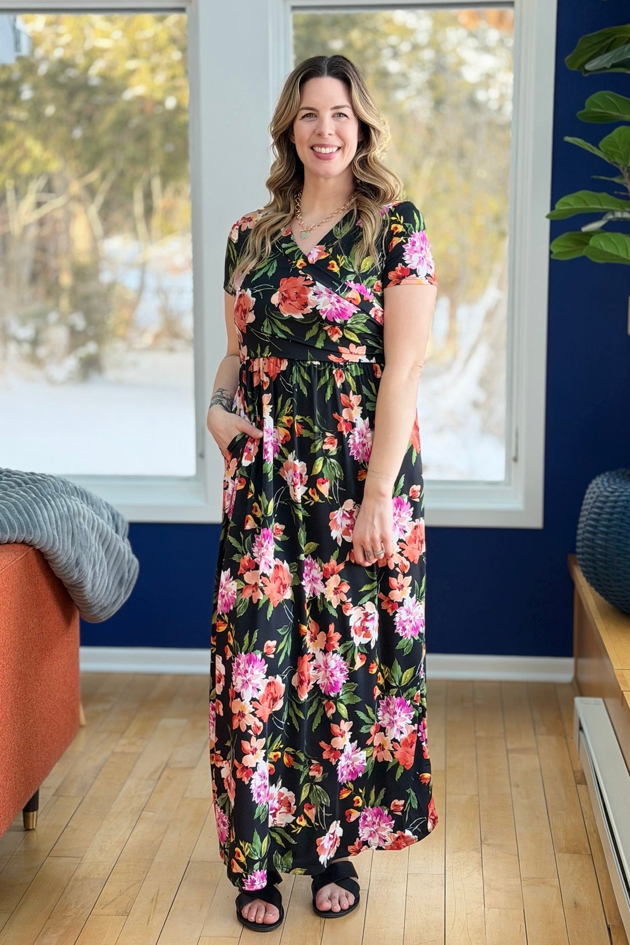 Floral Wrap Maxi Dress - Black