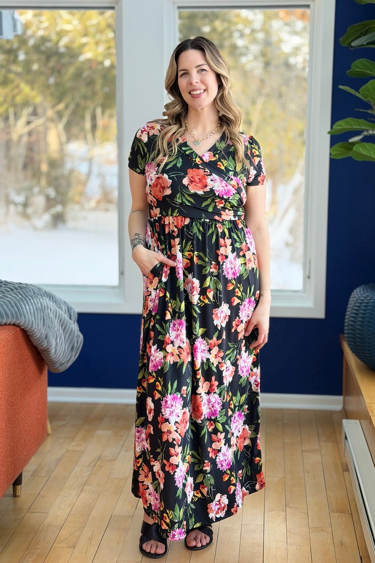 Floral Wrap Maxi Dress - Black