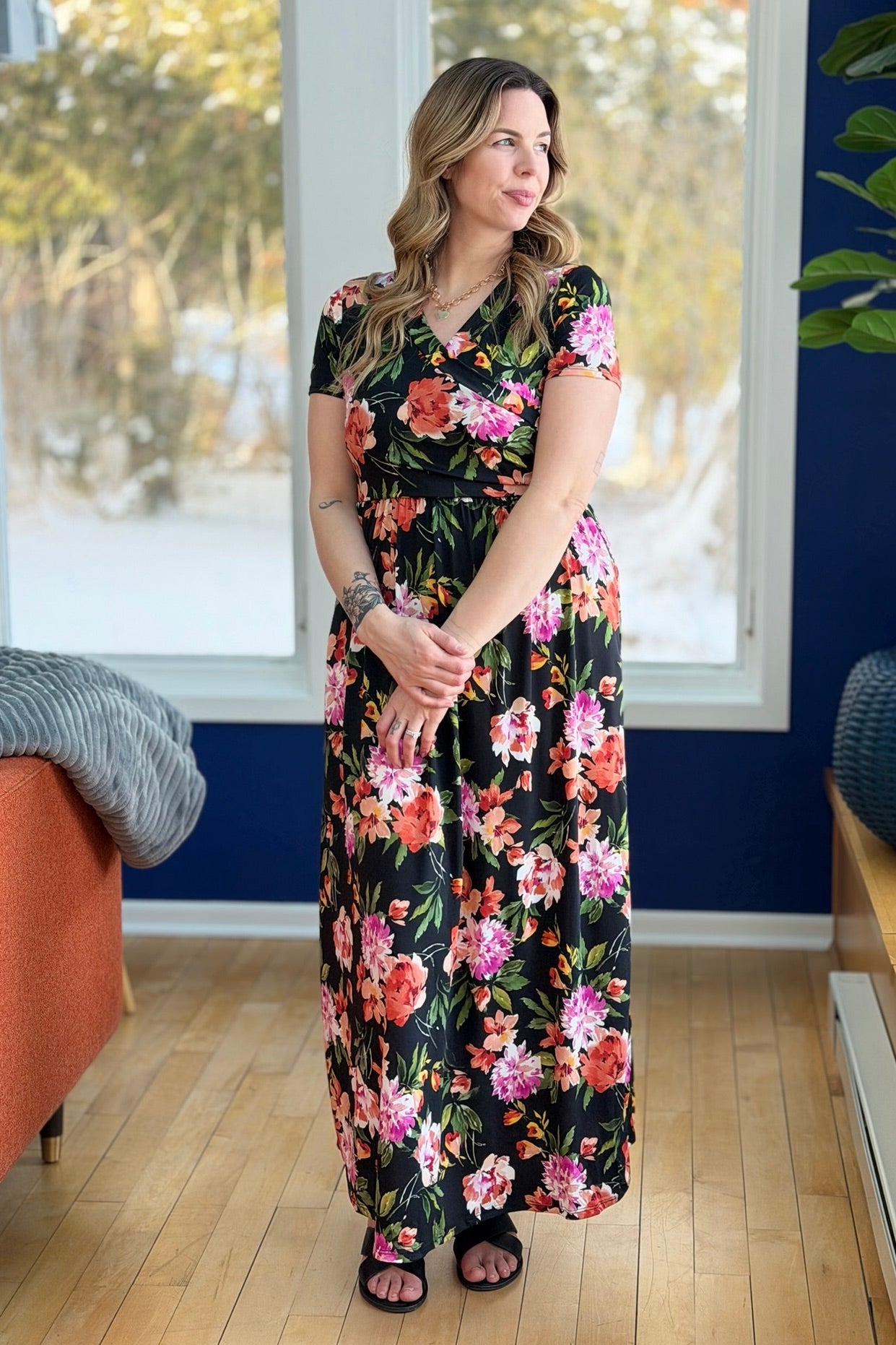 Floral Wrap Maxi Dress - Black