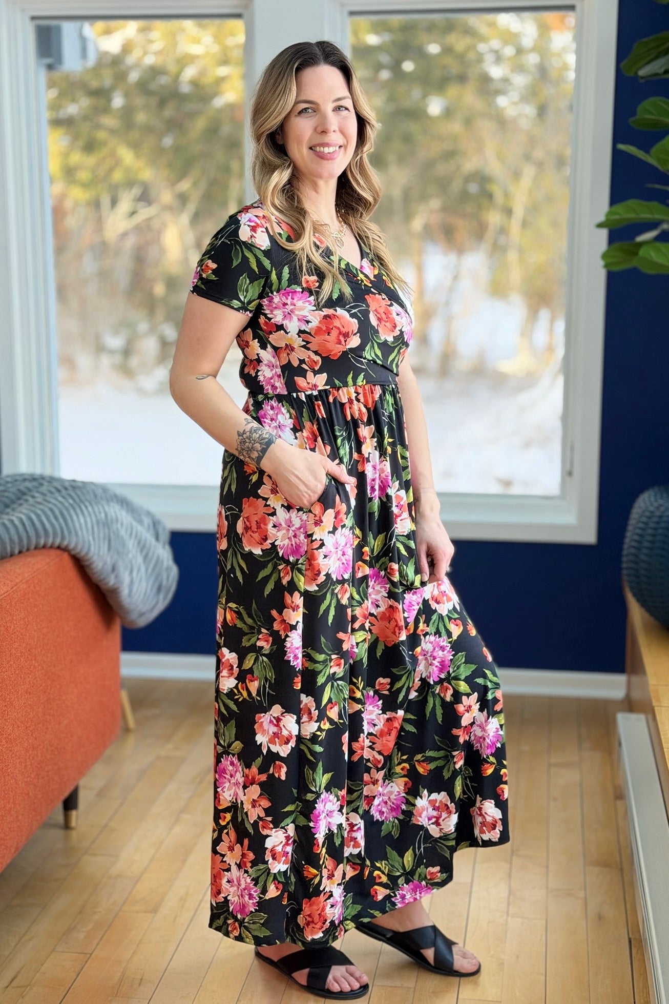 Floral Wrap Maxi Dress - Black