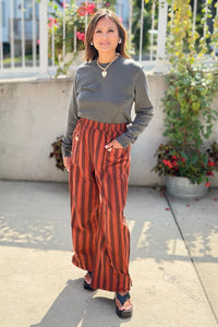 Striped Wide Leg Pants - Rust