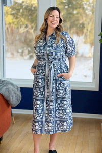 Collared Belted Day Dress - Navy